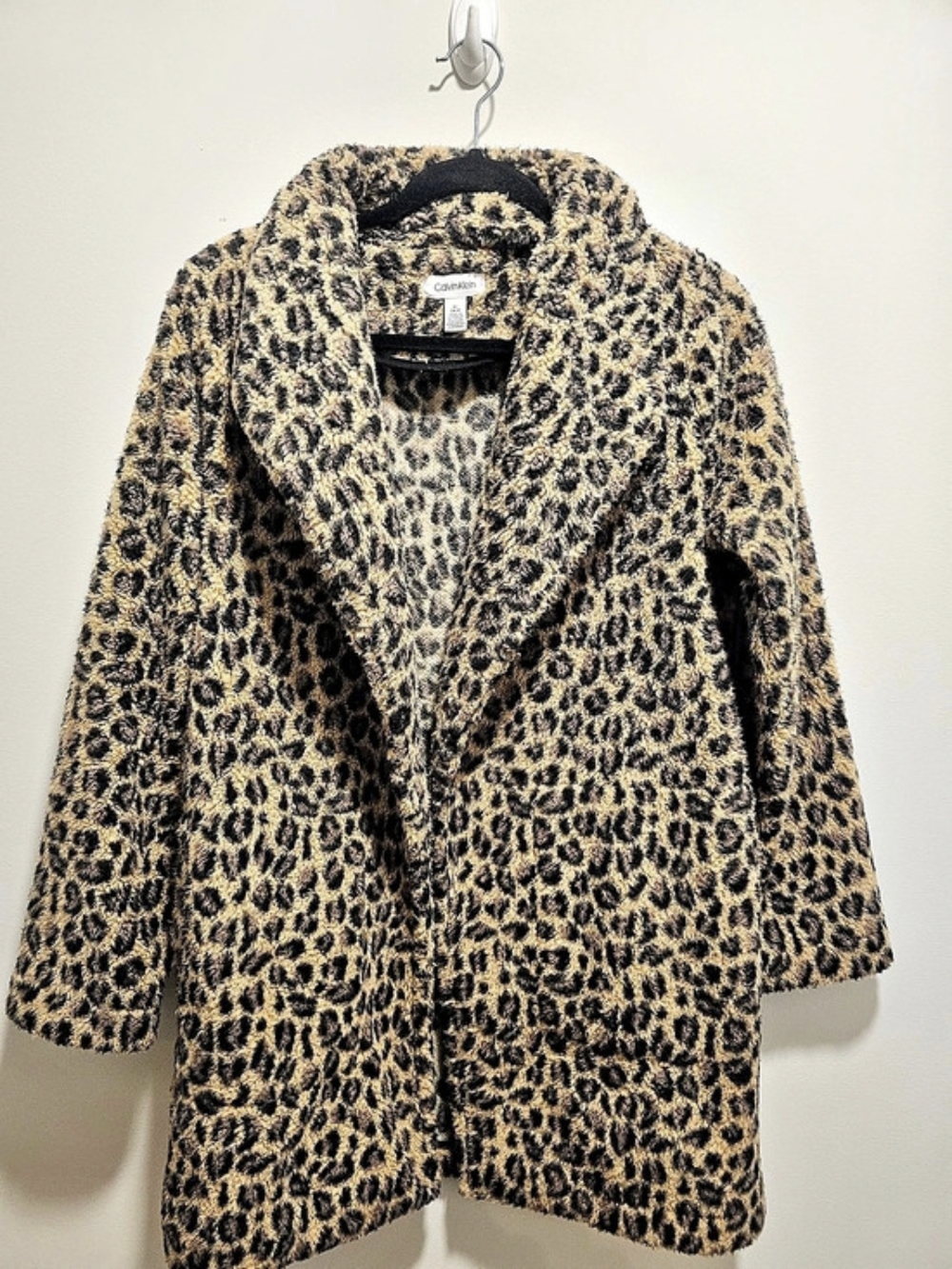 Calvin Klein Faux Fur Plush Leopard Print Mid Length Coat Small